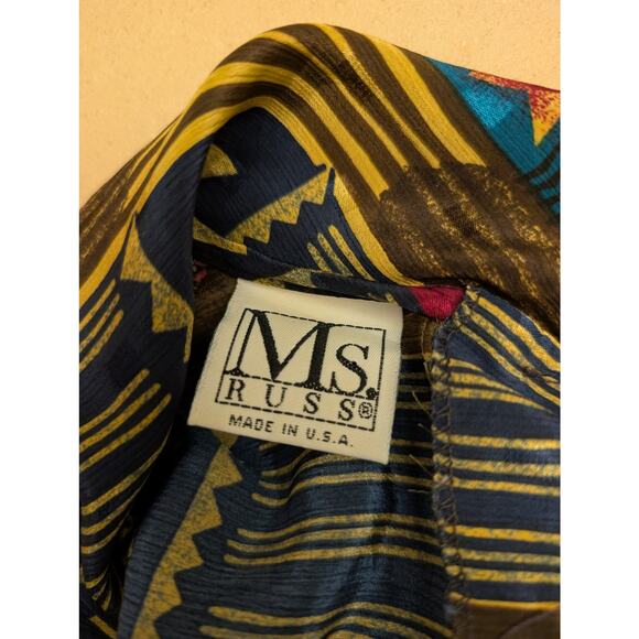 Vintage Ms Russ Union Made Geometric Tribal Print Top Collared Indie Boho Casual - Picture 2 of 6